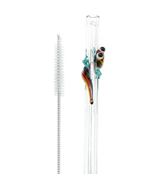 Reusable Glass Rainbow Gecko Straw with cleaning brush